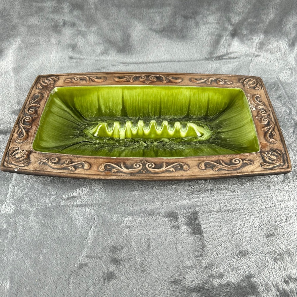 Vintage Treasure Craft USA Ceramic Ashtray Green Drip Glaze Wood‎ Grain MCM